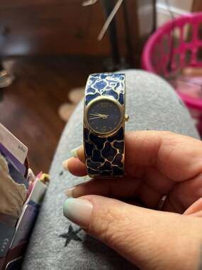 Vivani Gold Tone Blue Enameled Leopard Print Hinged Cuff Watch